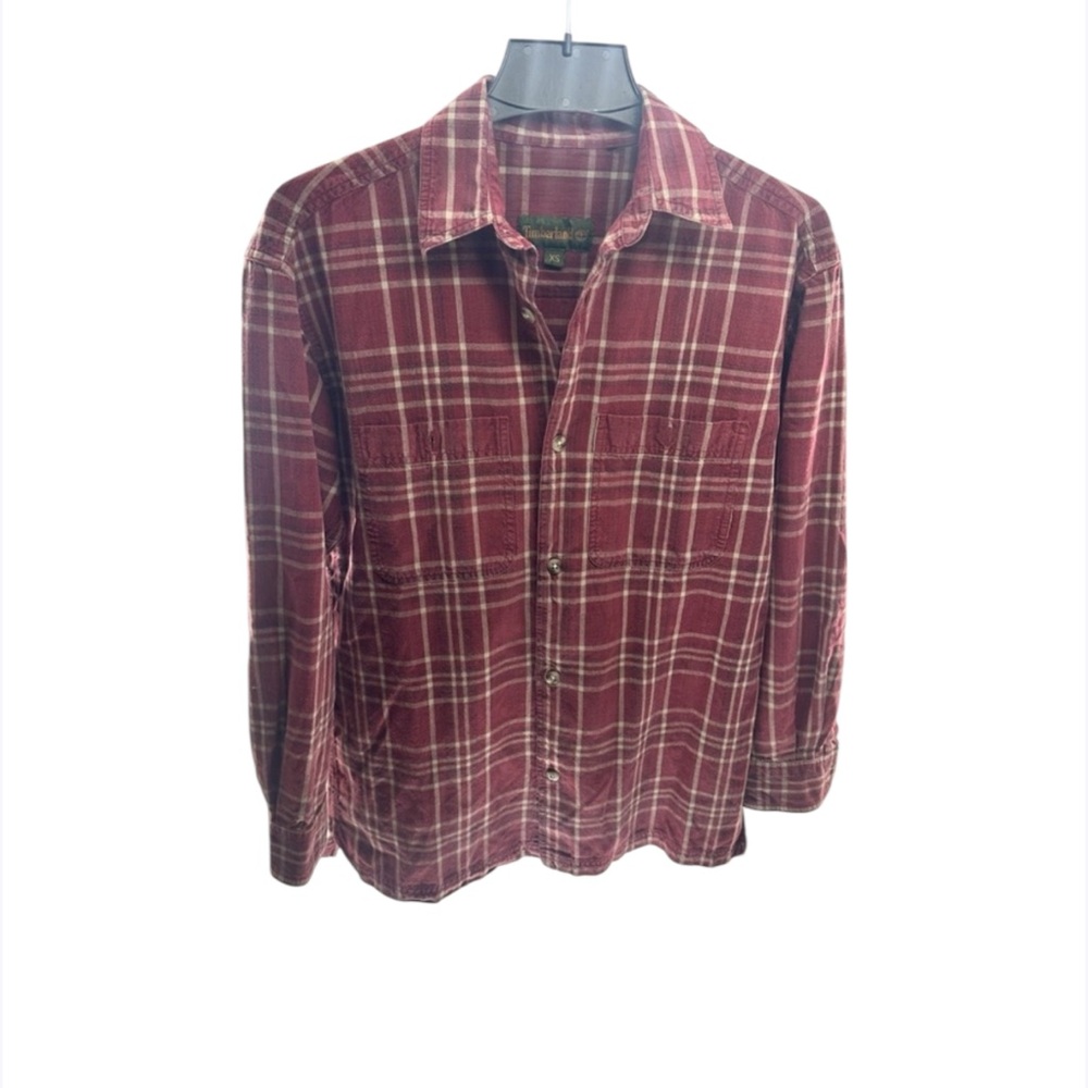 Timberland Shirt Long Sleeve Button Up Plaid Burgundy Size Men's XS‎ 100% Cotton